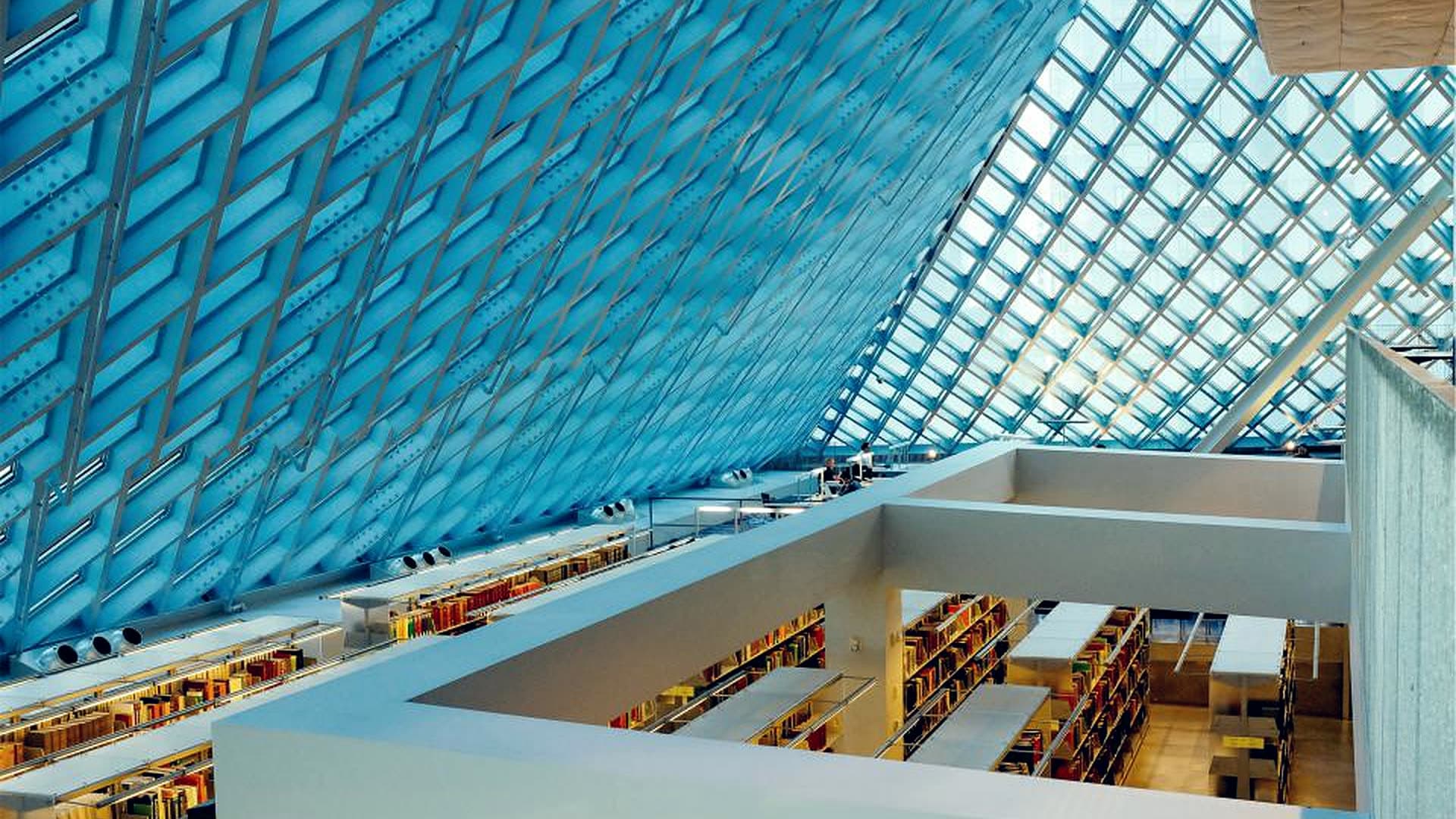 The interior of a contemporary glass and steel building
